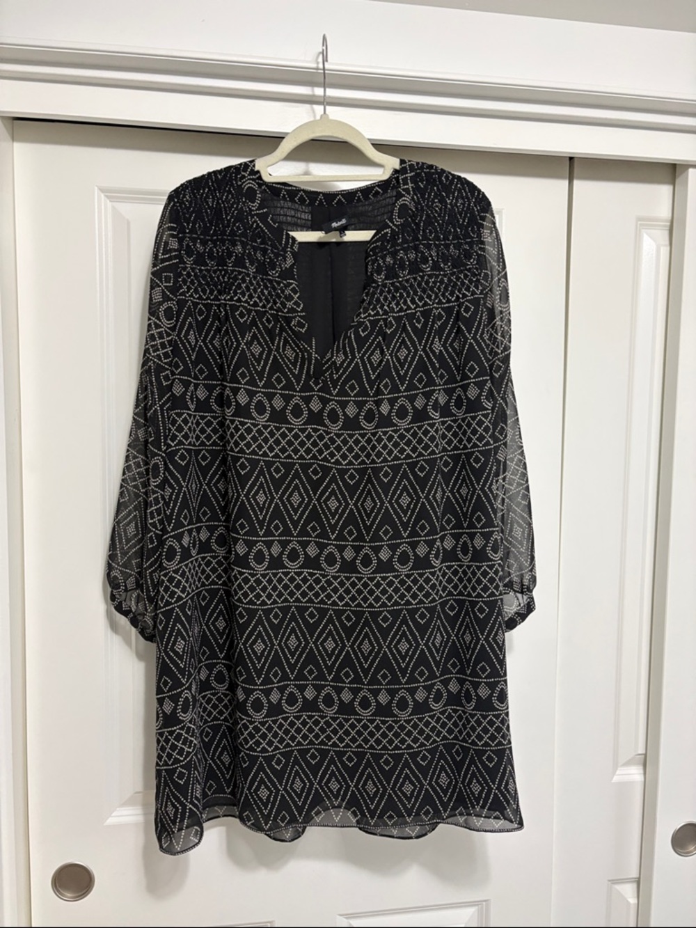 Madewell Smock Tribal Dress in a black caravan print.